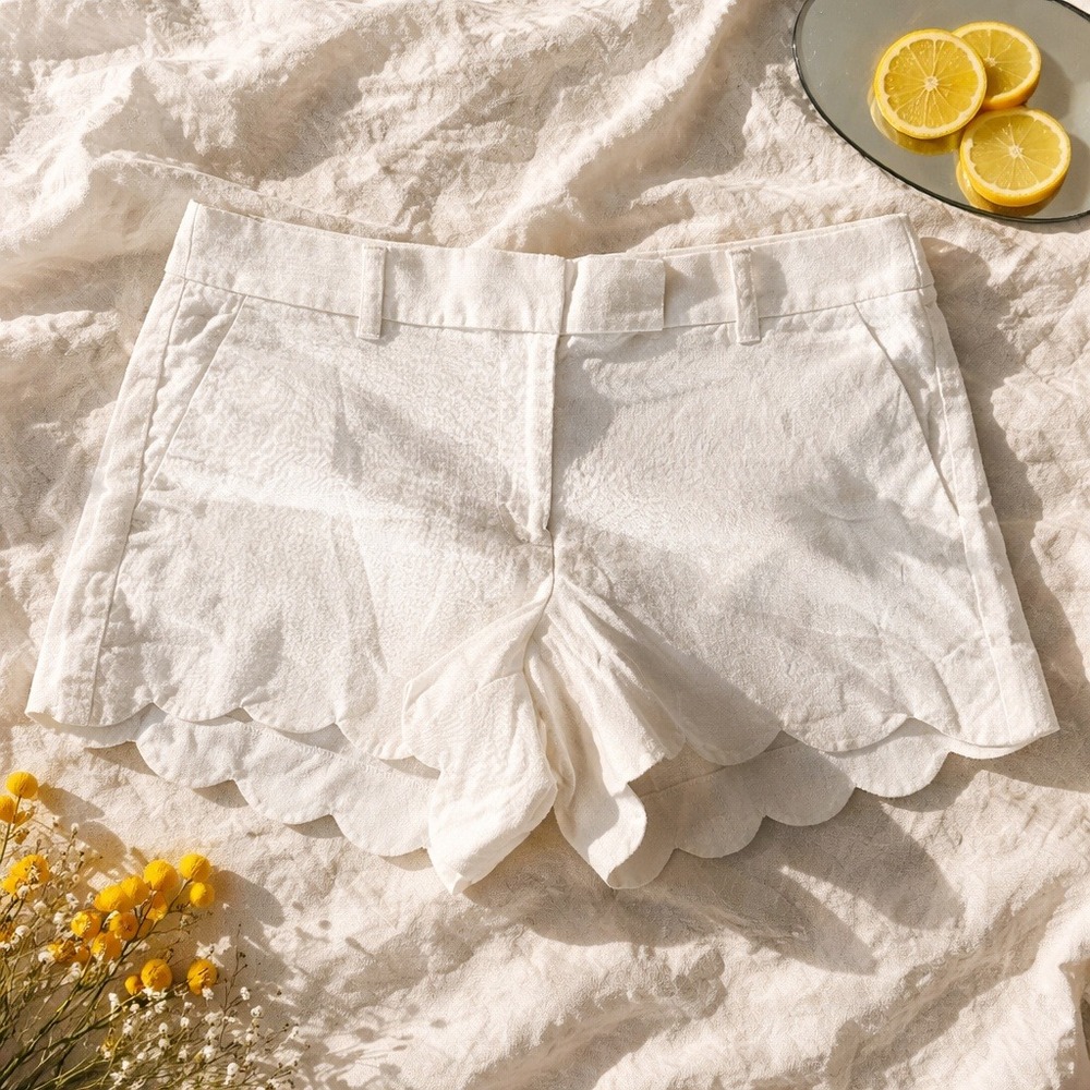 J. Crew 14 White Linen Cotton Scalloped Hem Shorts Re-Imagined Summer Chino
